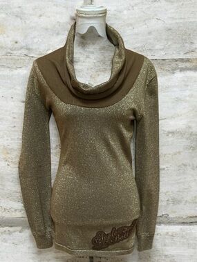 Vtg Apple Bottom Olive Green Embroidered Logo Draped Metallic Pullover Sweater